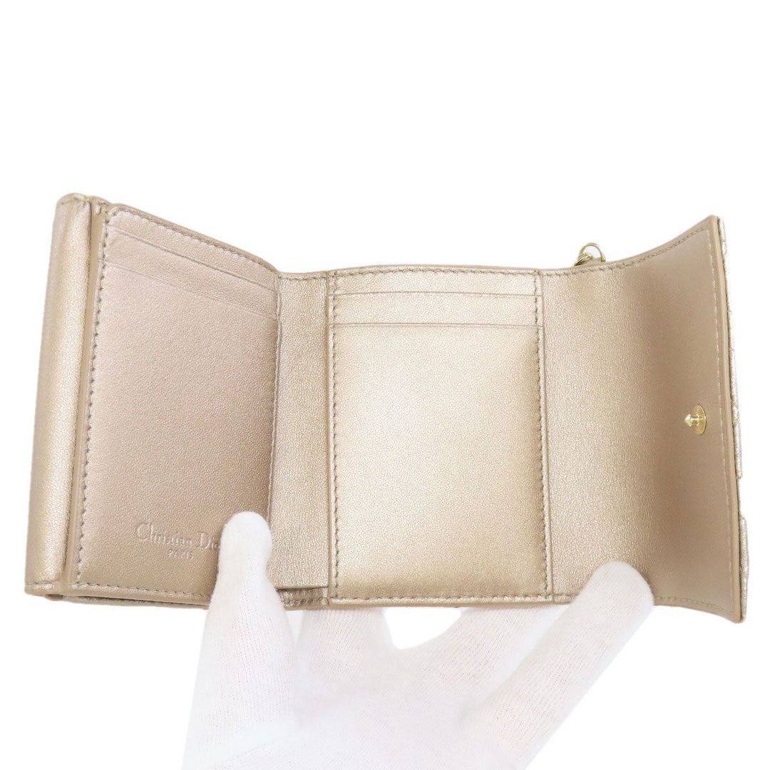 Christian Dior Bifold Wallet leather gold Lady Dior Women Used Authentic