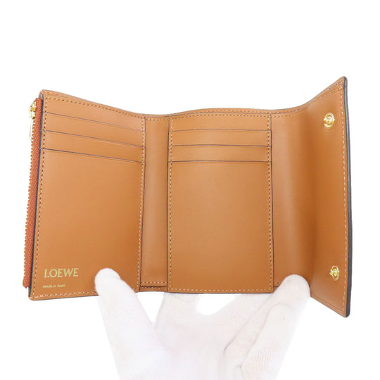 LOEWE Bifold Wallet Calfskin Brown Repeat Bar Tikal Wallet Small Women Used Authentic