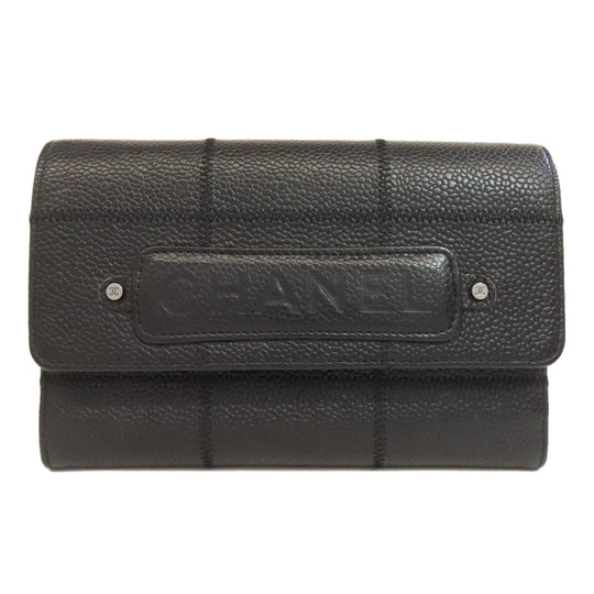 CHANEL Bifold Wallet Grained Calfskin Skin black Chocolate bar Silver Metal Women Used Authentic
