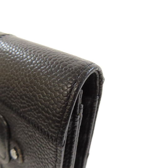 CHANEL Bifold Wallet Grained Calfskin Skin black Chocolate bar Silver Metal Women Used Authentic