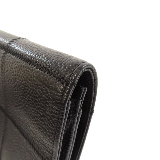 CHANEL Bifold Wallet Grained Calfskin Skin black Chocolate bar Silver Metal Women Used Authentic