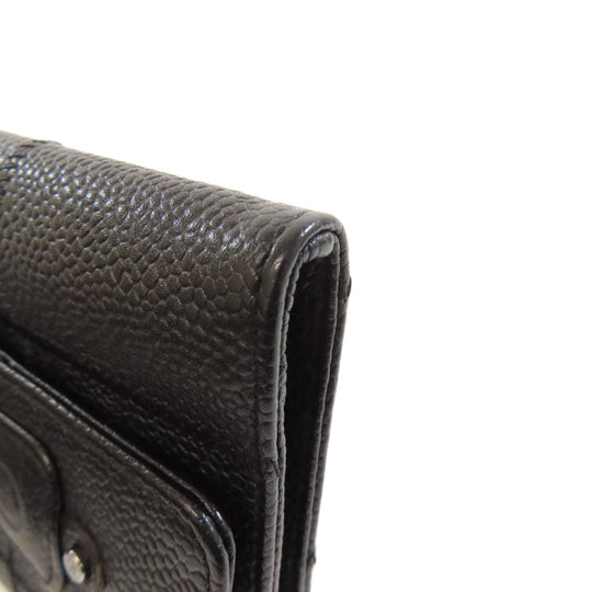 CHANEL Bifold Wallet Grained Calfskin Skin black Chocolate bar Silver Metal Women Used Authentic