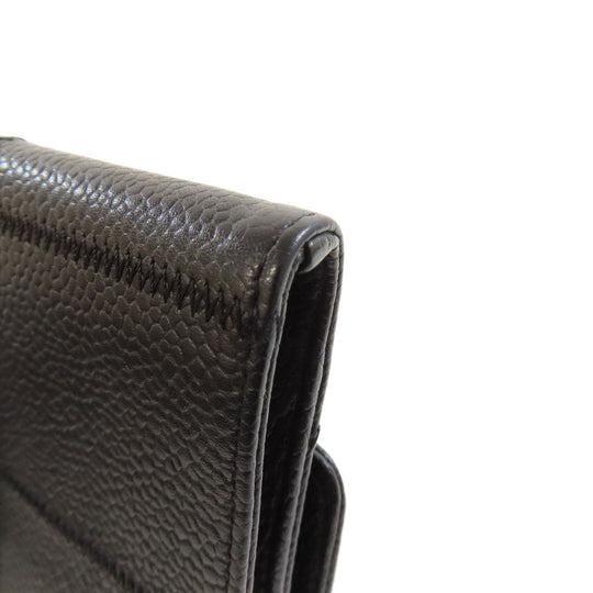 CHANEL Bifold Wallet Grained Calfskin Skin black Chocolate bar Silver Metal Women Used Authentic