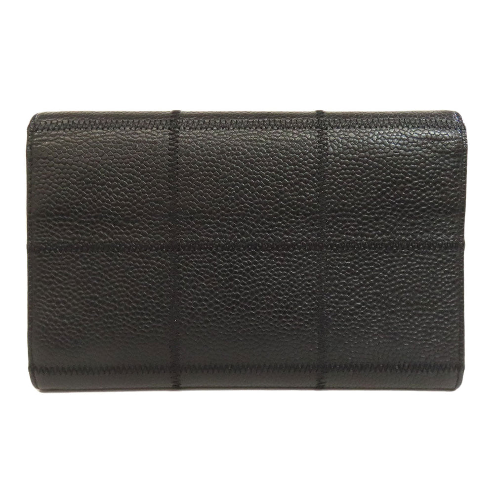 CHANEL Bifold Wallet Grained Calfskin Skin black Chocolate bar Silver Metal Women Used Authentic