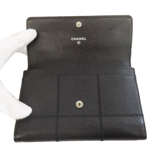 CHANEL Bifold Wallet Grained Calfskin Skin black Chocolate bar Silver Metal Women Used Authentic