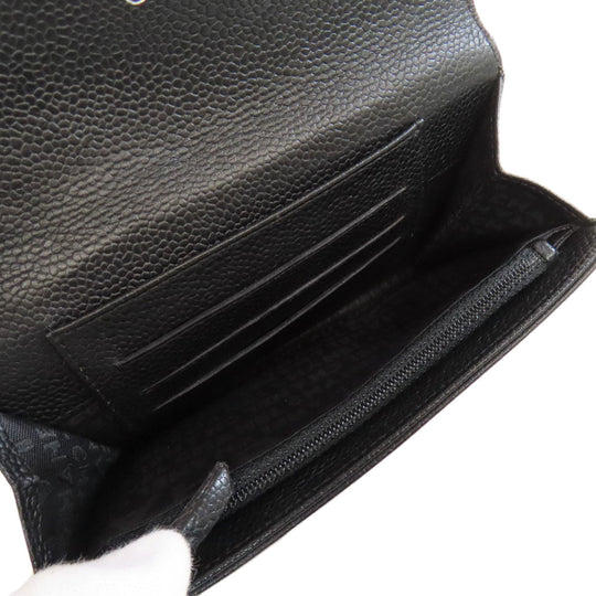 CHANEL Bifold Wallet Grained Calfskin Skin black Chocolate bar Silver Metal Women Used Authentic