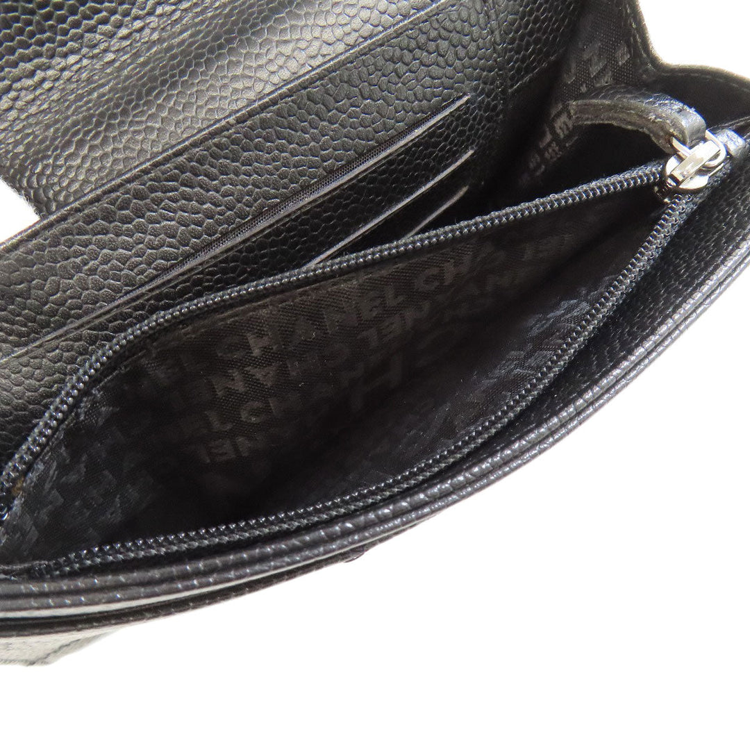CHANEL Bifold Wallet Grained Calfskin Skin black Chocolate bar Silver Metal Women Used Authentic
