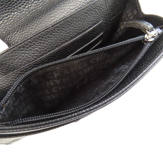CHANEL Bifold Wallet Grained Calfskin Skin black Chocolate bar Silver Metal Women Used Authentic