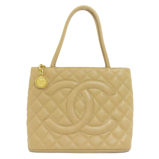 CHANEL Tote Bag Grained Calfskin Skin beige Replica Tote Gold Metal Women Used Authentic