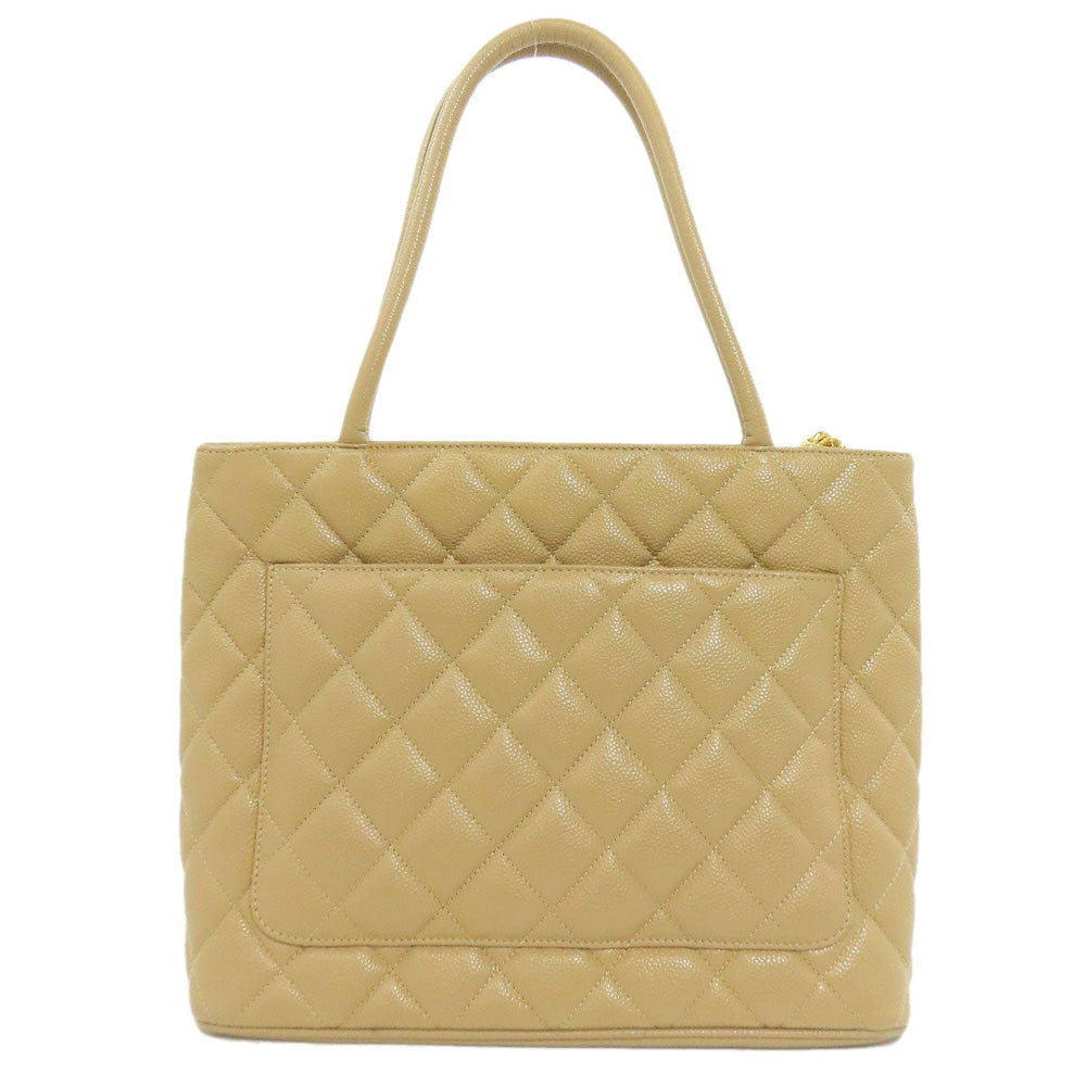 CHANEL Tote Bag Grained Calfskin Skin beige Replica Tote Gold Metal Women Used Authentic