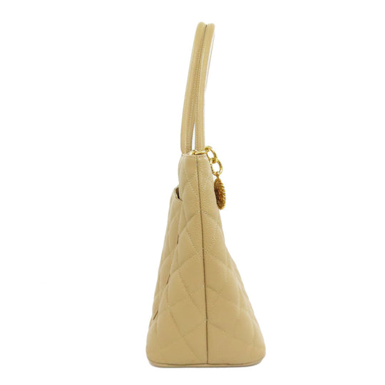 CHANEL Tote Bag Grained Calfskin Skin beige Replica Tote Gold Metal Women Used Authentic