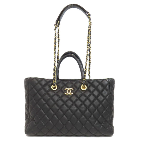 CHANEL Tote Bag Grained Calfskin Skin black Matelasse ChainShoulder Gold Metal Women Used Authentic