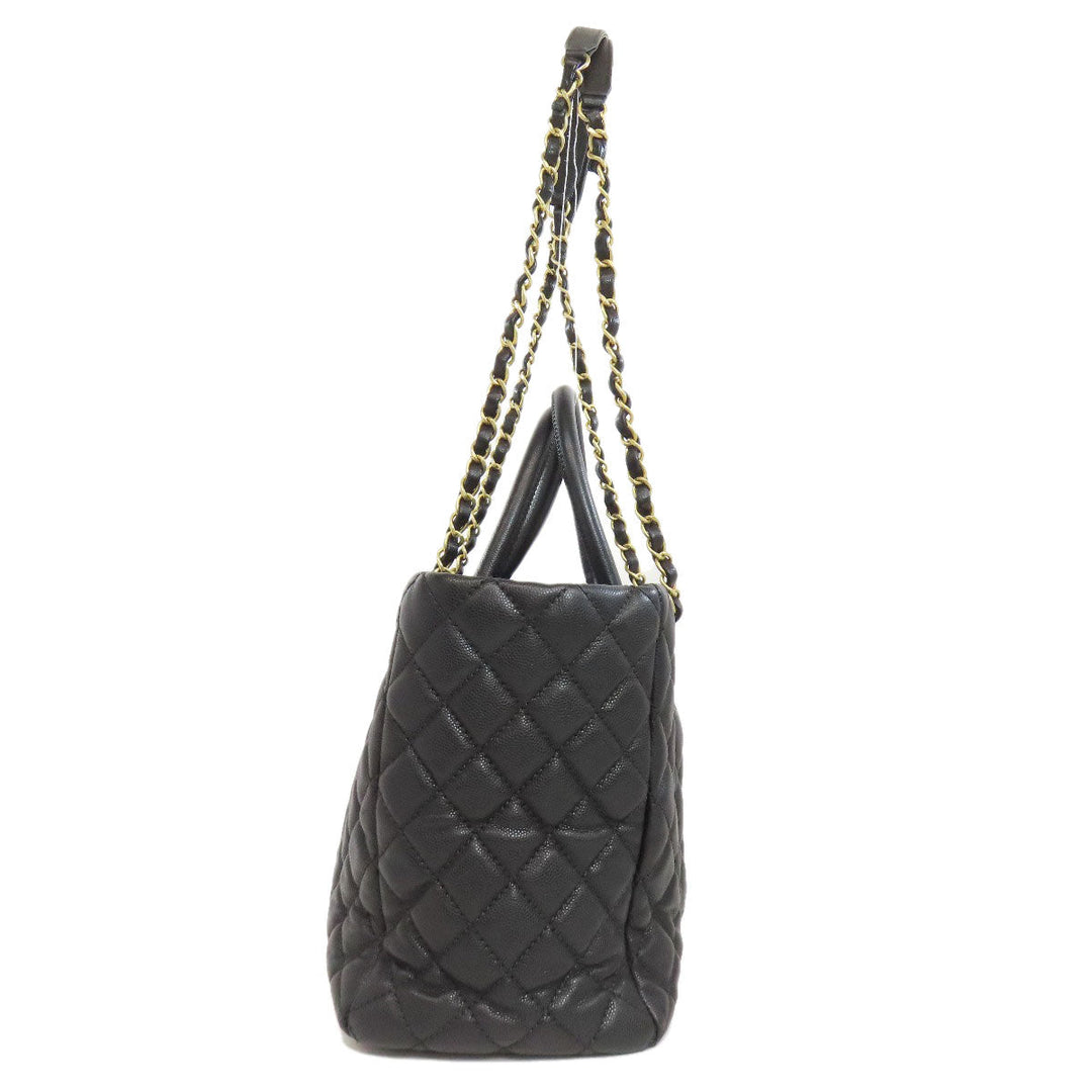 CHANEL Tote Bag Grained Calfskin Skin black Matelasse ChainShoulder Gold Metal Women Used Authentic