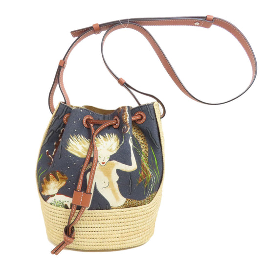 LOEWE Shoulder Bag Canvas, Raffia black Mermaid motif Women Used Authentic