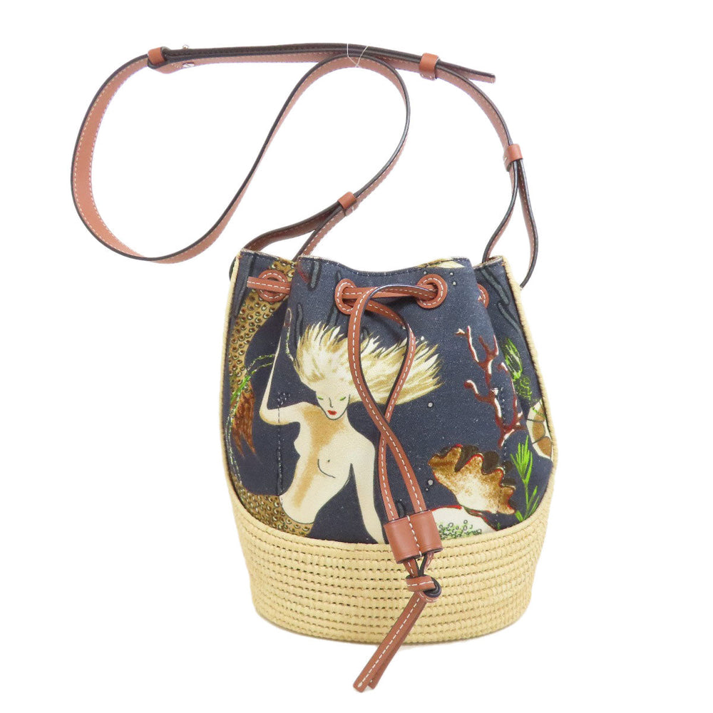 LOEWE Shoulder Bag Canvas, Raffia black Mermaid motif Women Used Authentic