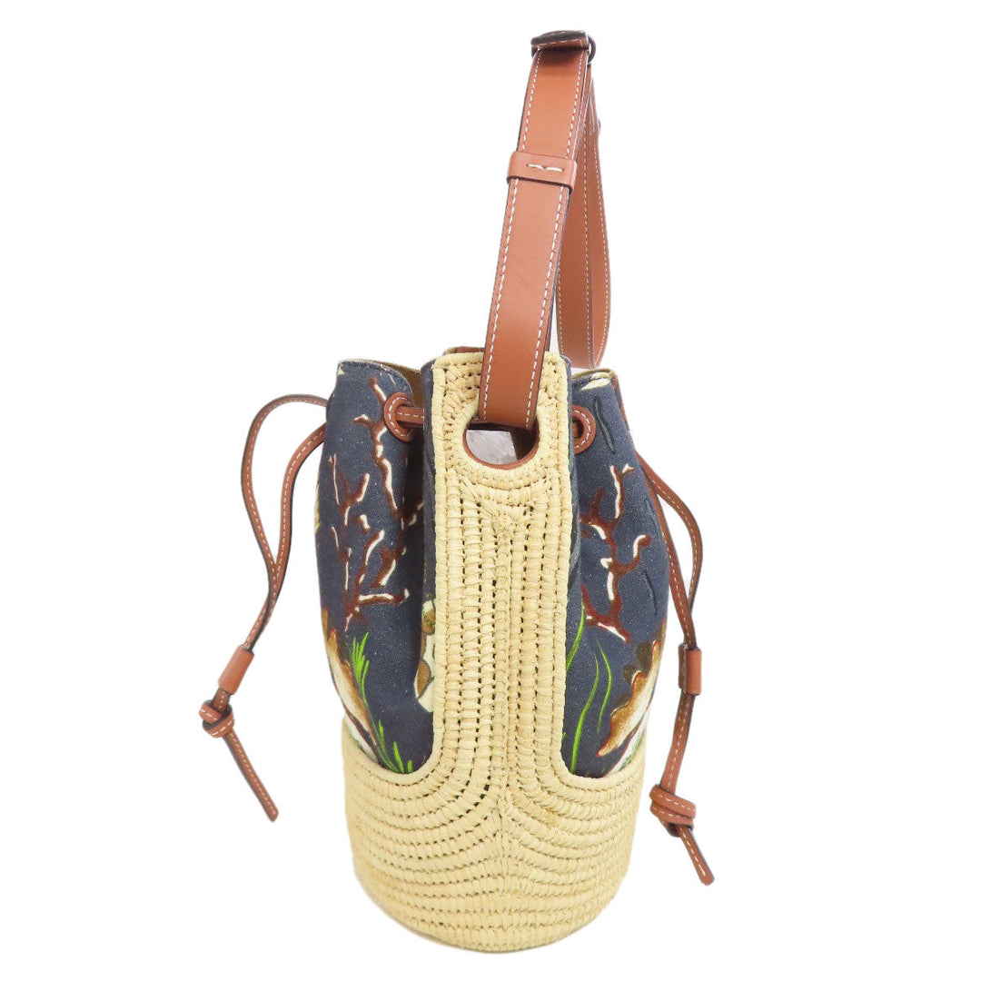 LOEWE Shoulder Bag Canvas, Raffia black Mermaid motif Women Used Authentic