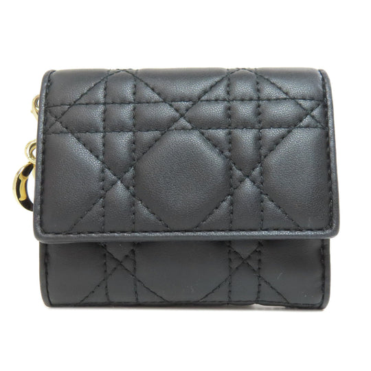 Christian Dior Bifold Wallet Calfskin black Lady Dior Compact Wallet Women Used Authentic