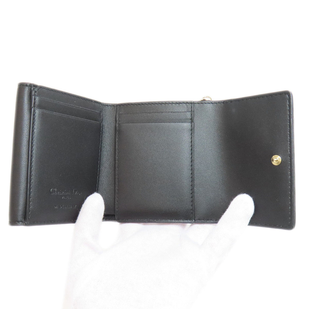 Christian Dior Bifold Wallet Calfskin black Lady Dior Compact Wallet Women Used Authentic