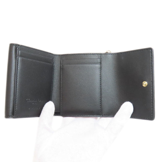 Christian Dior Bifold Wallet Calfskin black Lady Dior Compact Wallet Women Used Authentic