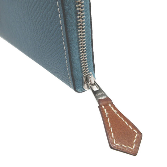 HERMES Long Wallet Purse Epsom Blue gene Zip Around Azap long silk in unisex(Unisex) Used Authentic