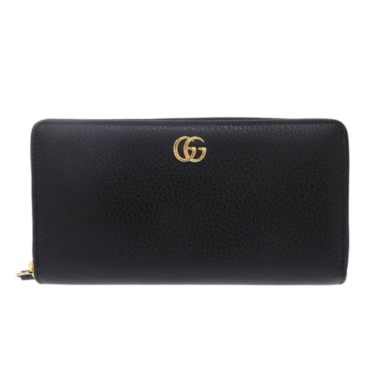 GUCCI Long Wallet Purse 456117 leather black Zip Around GG Marmont Women Used Authentic