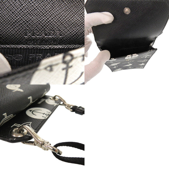 PRADA Shoulder Bag 2ZH068 Safiano leather black Smartphone Shoulder Marine Pattern Seagull iPhone case Smartphone case Women Used Authentic