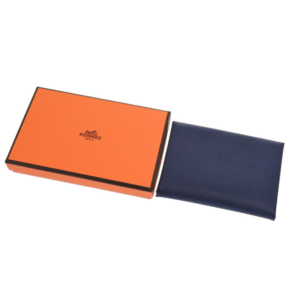 HERMES Card Case Epsom Blue Safir Calvi Duo Verso Women Used Authentic