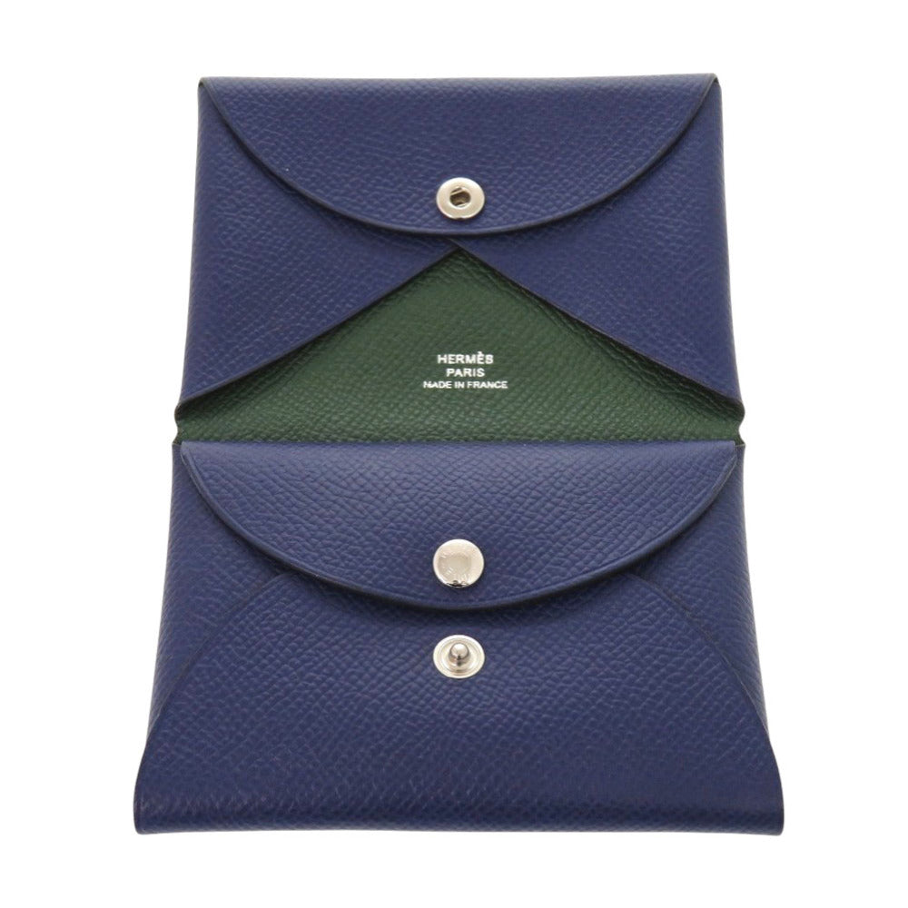 HERMES Card Case Epsom Blue Safir Calvi Duo Verso Women Used Authentic