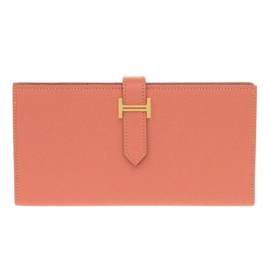 HERMES Long Wallet Purse Taurillon Clemence Rose tea Beansufla Women Used Authentic