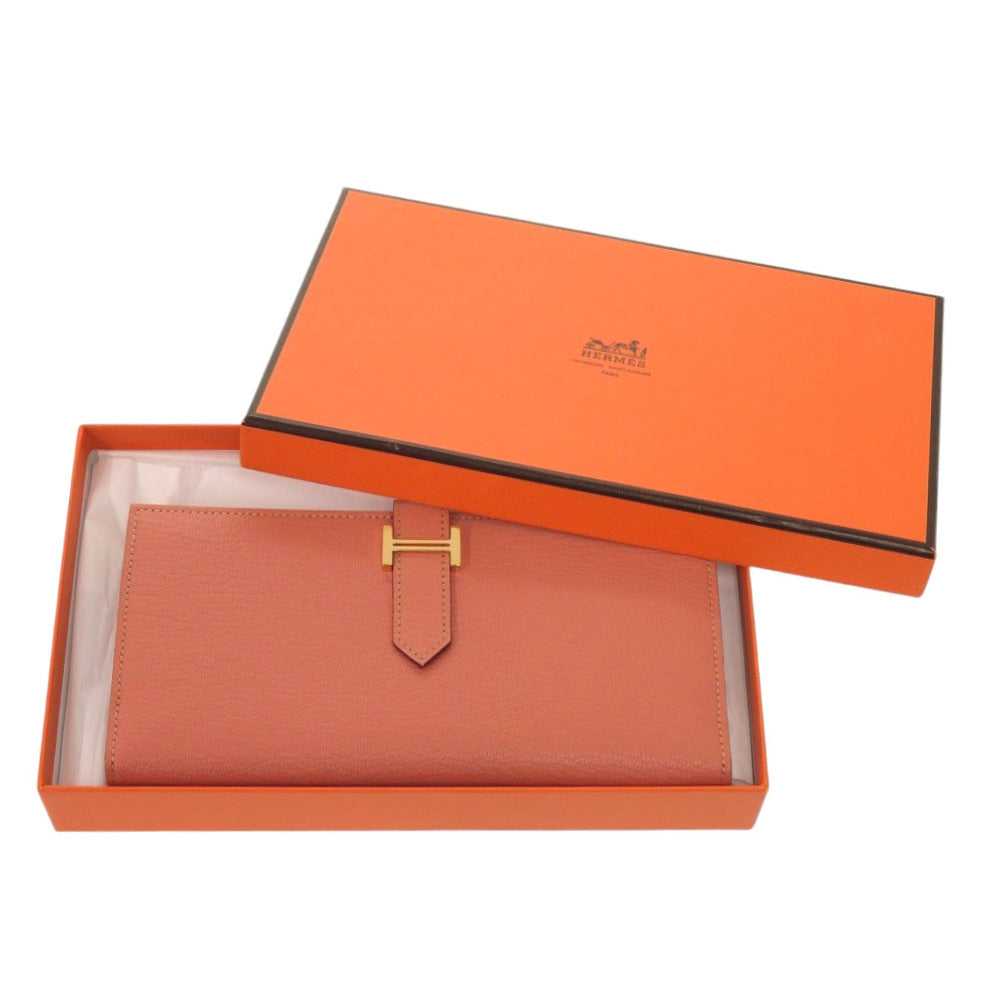 HERMES Long Wallet Purse Taurillon Clemence Rose tea Beansufla Women Used Authentic
