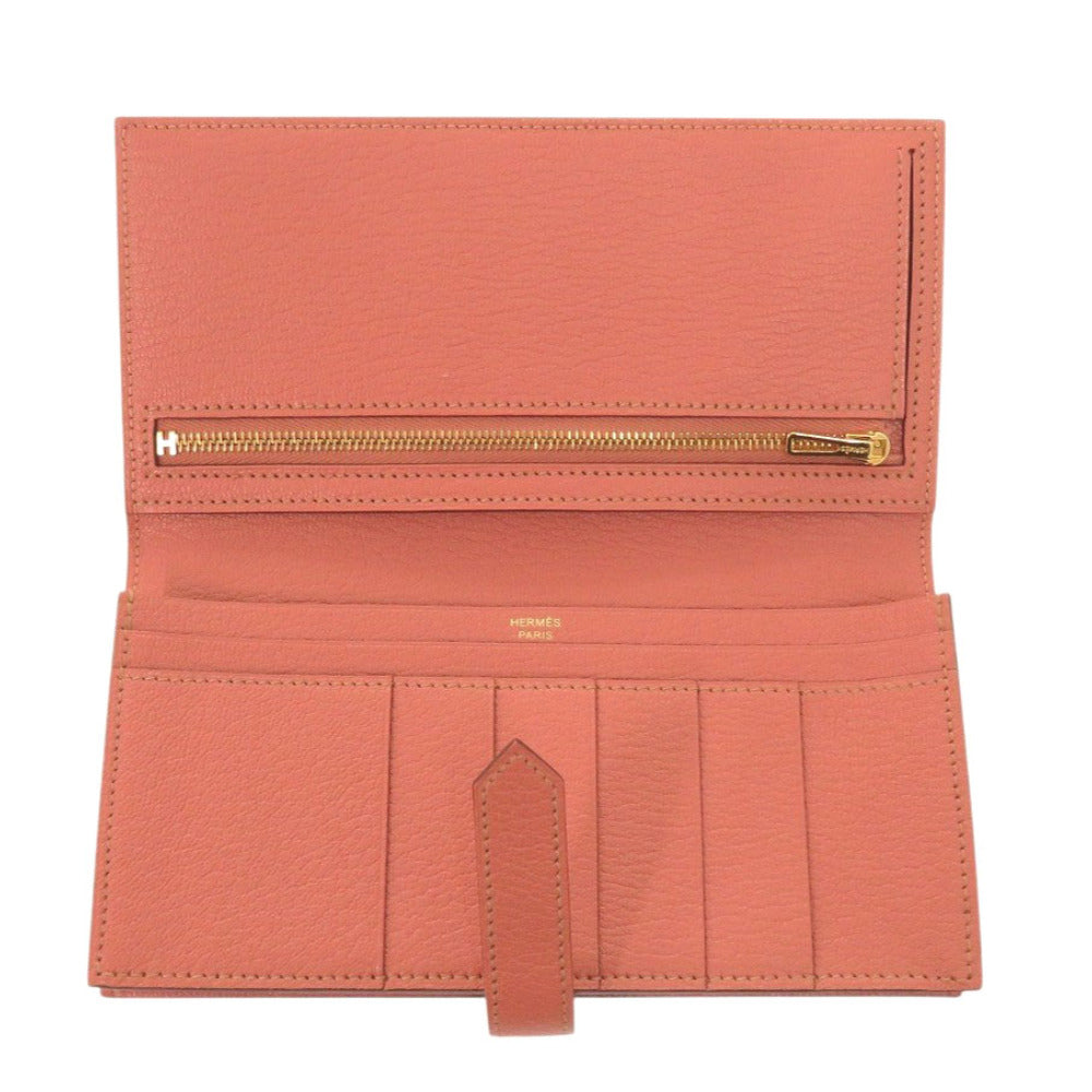 HERMES Long Wallet Purse Taurillon Clemence Rose tea Beansufla Women Used Authentic