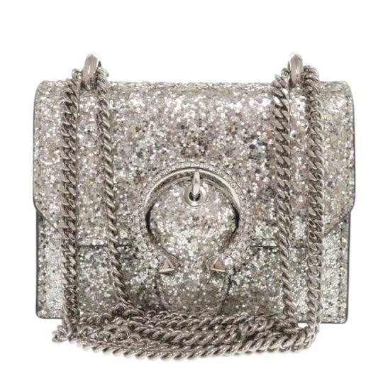 JIMMY CHOO Shoulder Bag leather Silver Mini Paris Glitter Women Used Authentic