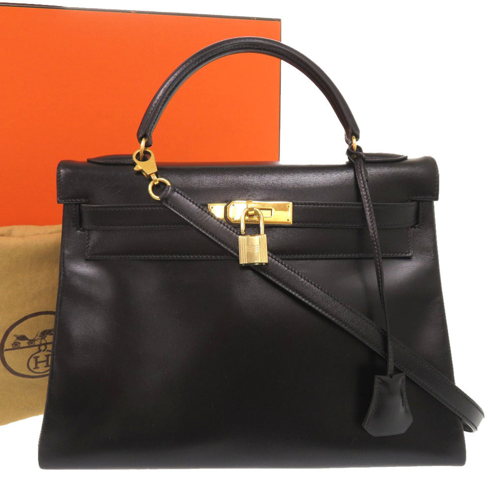 HERMES Handbag Box scarf black Kelly 32 internal sewing Women Used Authentic