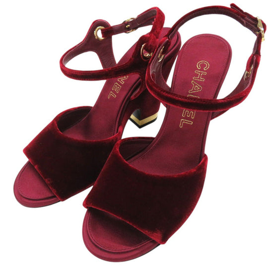 CHANEL Sandals velvet Burgundy Strap chunky heel Women 37 1/2 C Used Authentic
