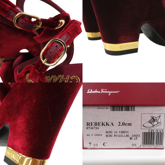 CHANEL Sandals velvet Burgundy Strap chunky heel Women 37 1/2 C Used Authentic
