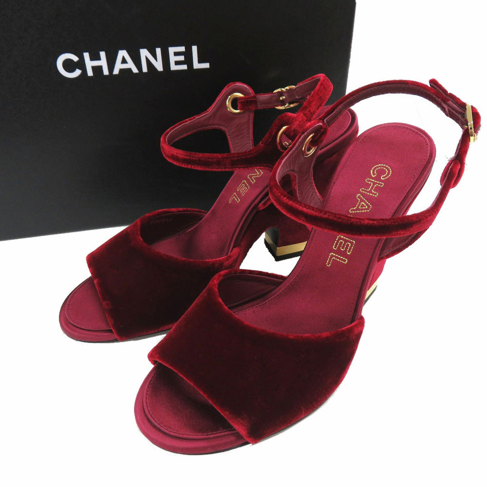CHANEL Sandals velvet Burgundy Strap chunky heel Women 37 1/2 C Used Authentic