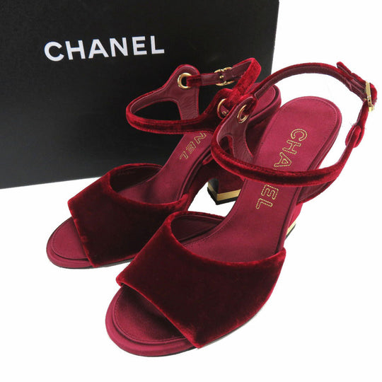 CHANEL Sandals velvet Burgundy Strap chunky heel Women 37 1/2 C Used Authentic
