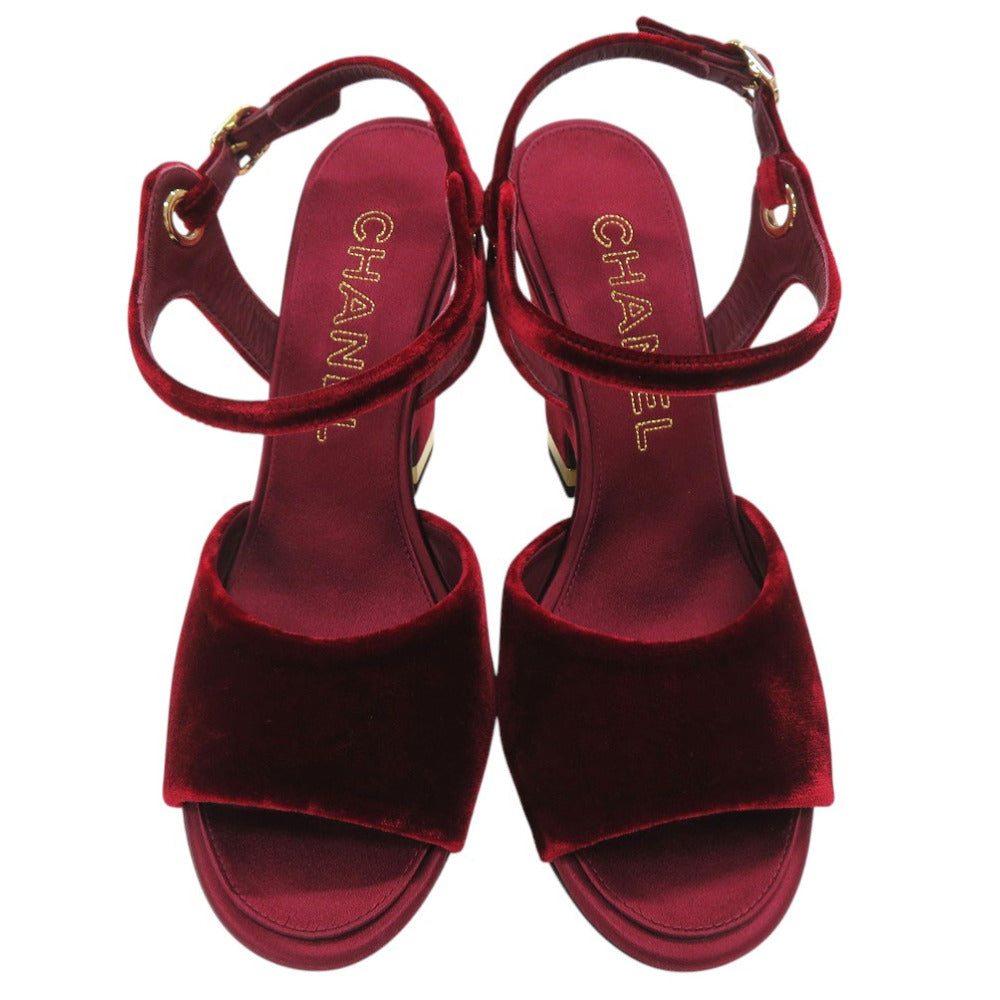 CHANEL Sandals velvet Burgundy Strap chunky heel Women 37 1/2 C Used Authentic