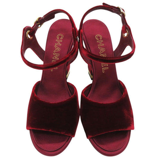CHANEL Sandals velvet Burgundy Strap chunky heel Women 37 1/2 C Used Authentic