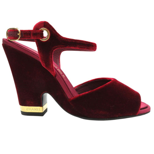 CHANEL Sandals velvet Burgundy Strap chunky heel Women 37 1/2 C Used Authentic