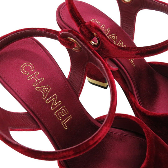 CHANEL Sandals velvet Burgundy Strap chunky heel Women 37 1/2 C Used Authentic
