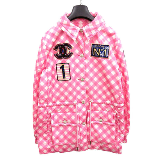 CHANEL Nylon jacket 23C P74093 V65695 Silk, Nylon pink Coat Hoodie Sequins Patch Women 42 Used Authentic