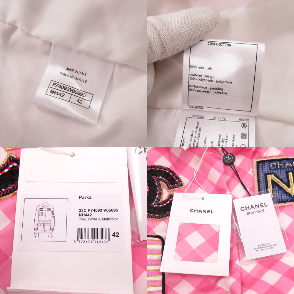 CHANEL Nylon jacket 23C P74093 V65695 Silk, Nylon pink Coat Hoodie Sequins Patch Women 42 Used Authentic