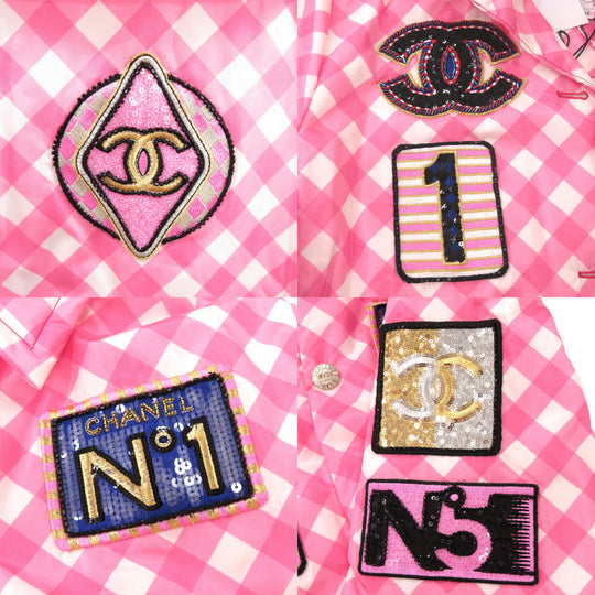 CHANEL Nylon jacket 23C P74093 V65695 Silk, Nylon pink Coat Hoodie Sequins Patch Women 42 Used Authentic