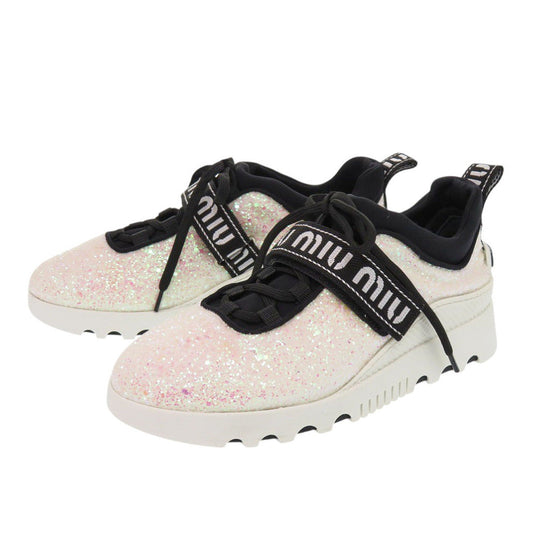 MIUMIU sneakers 5E613B Polyester, Cotton white Glitter logo strap sneakers Women 37.5 Used Authentic