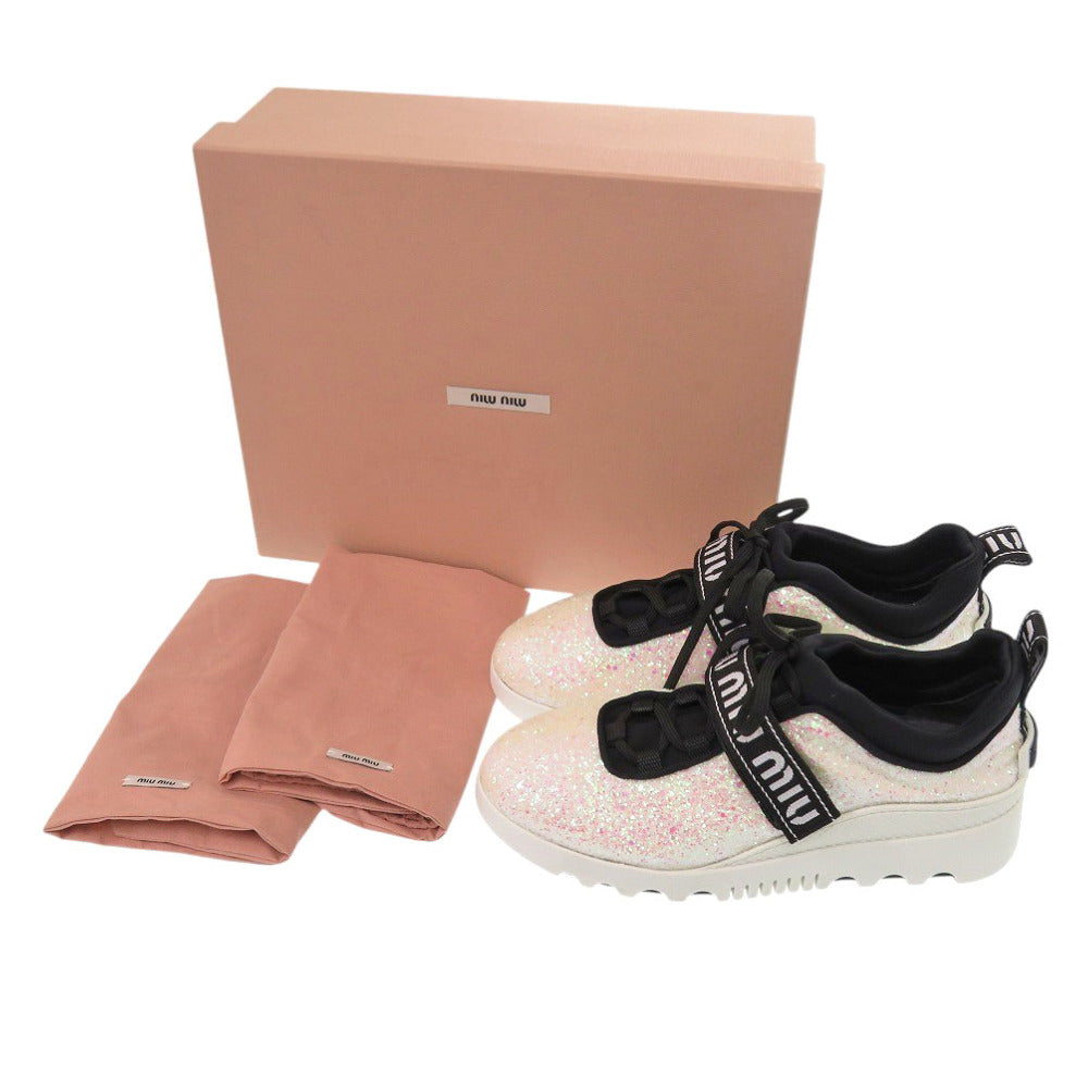 MIUMIU sneakers 5E613B Polyester, Cotton white Glitter logo strap sneakers Women 37.5 Used Authentic
