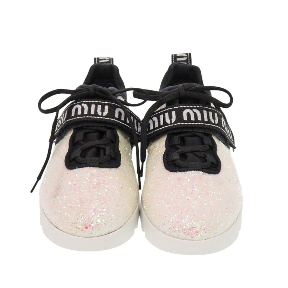 MIUMIU sneakers 5E613B Polyester, Cotton white Glitter logo strap sneakers Women 37.5 Used Authentic