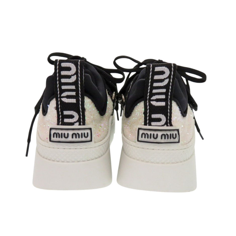 MIUMIU sneakers 5E613B Polyester, Cotton white Glitter logo strap sneakers Women 37.5 Used Authentic