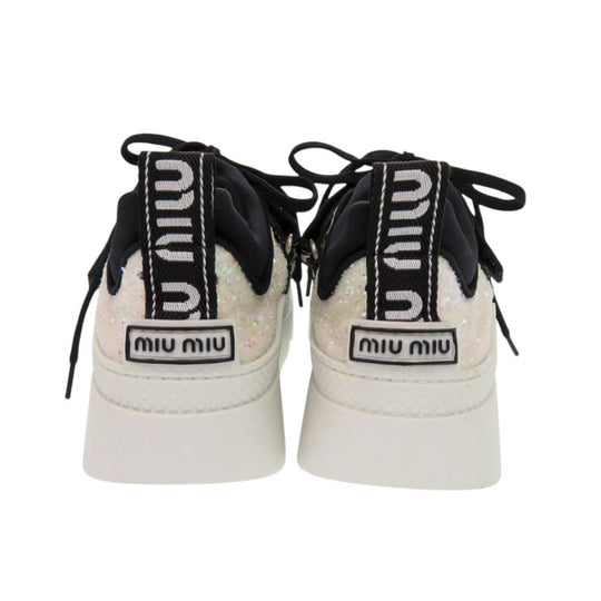 MIUMIU sneakers 5E613B Polyester, Cotton white Glitter logo strap sneakers Women 37.5 Used Authentic
