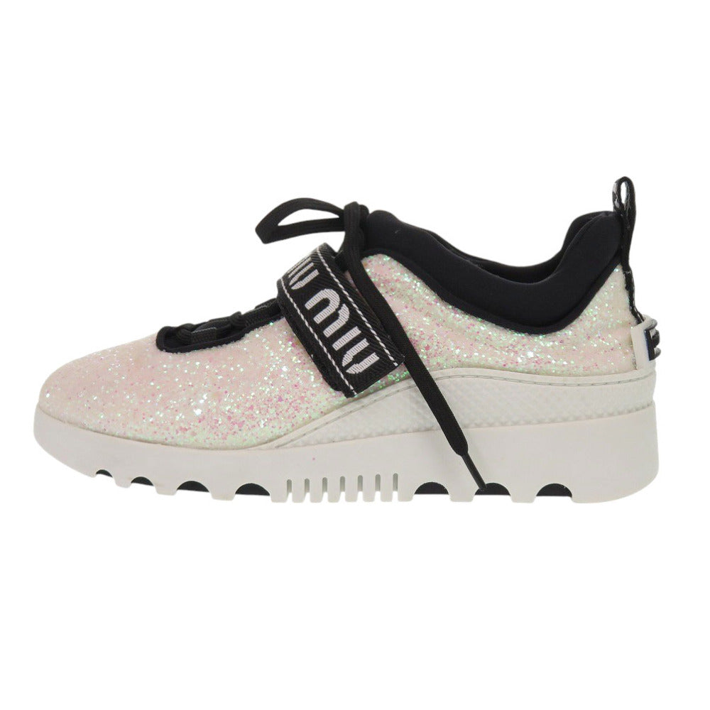 MIUMIU sneakers 5E613B Polyester, Cotton white Glitter logo strap sneakers Women 37.5 Used Authentic